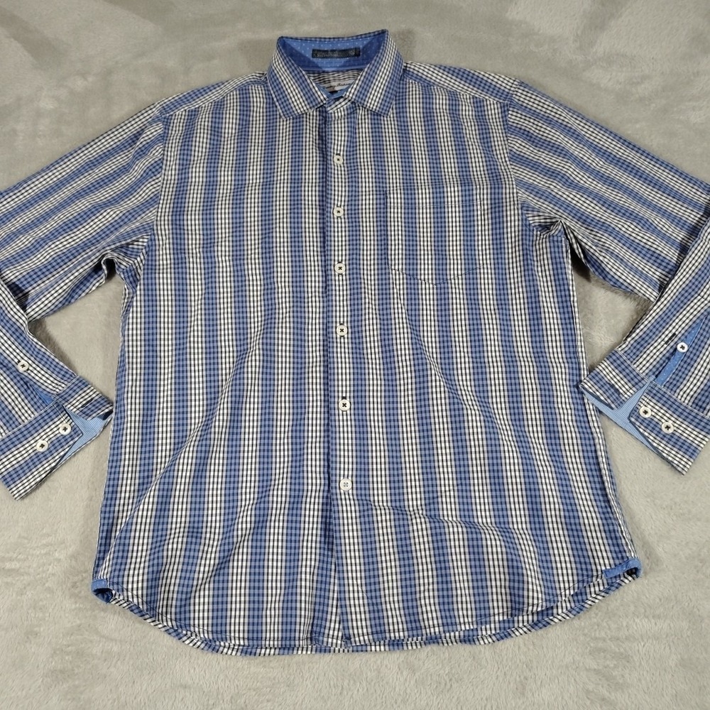 Tommy Bahama Shirt Men S Blue Plaid Nerd Office Preppy Night Cotton 77/Silk 23